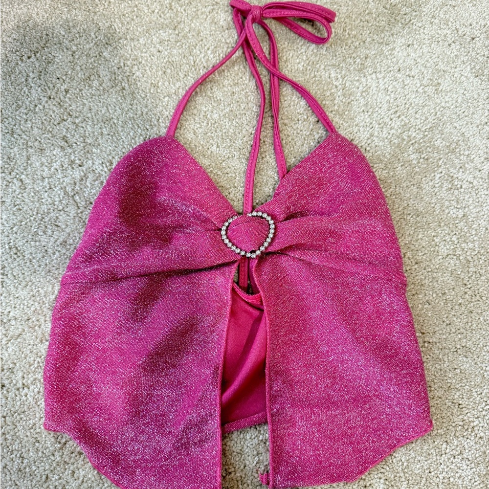 Pink Sparkle Halter Top with Rhinestone Detail